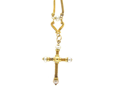 18ct Gold Cross on 18ct Gold & Pearl Chain