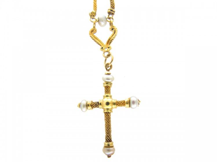 18ct Gold Cross on 18ct Gold & Pearl Chain