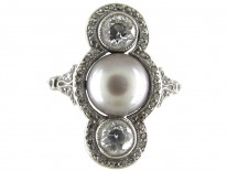 Natural Grey Pearl & Diamond Art Deco Ring