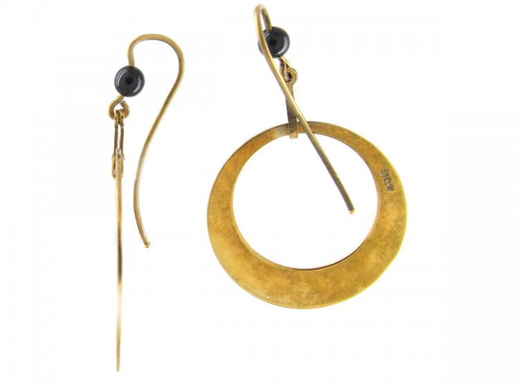 Art Deco Black Enamel Gold Hoop Earrings
