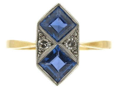 Art Deco Sapphire & Diamond Double Diamond Shaped Ring
