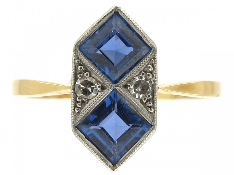 Art Deco Sapphire & Diamond Double Diamond Shaped Ring