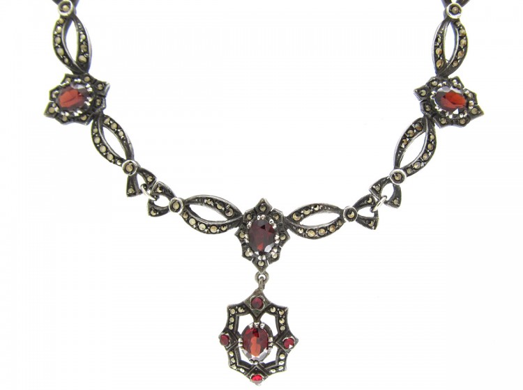 Art Deco Marcasite & Garnet Festoon Silver Necklace