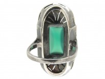 Large Green Chalcedony & Marcasite Art Deco Silver Ring