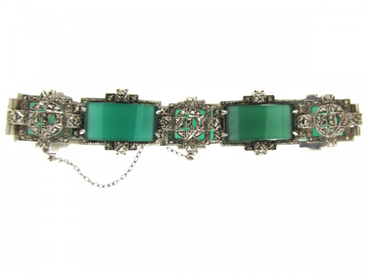Art Deco Chalcedony & Marcasite Silver Bracelet