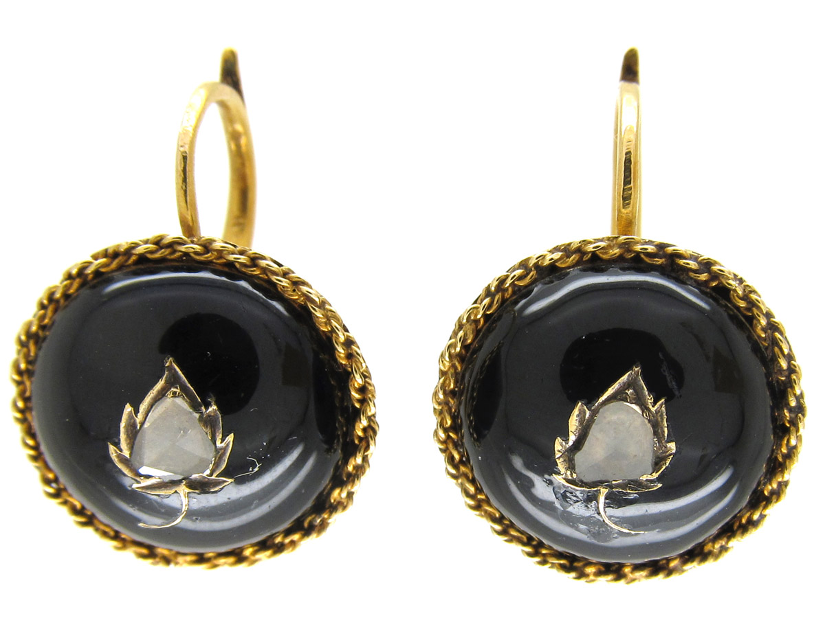 Black Enamel And Rose Diamond Victorian Gold Earrings 890e The