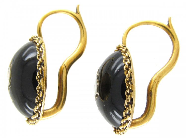 Black Enamel & Rose Diamond Victorian Gold Earrings