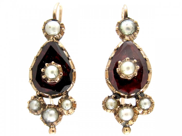 Georgian Flat Cut Garnet & Pearl Gold Earrings