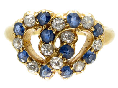 Edwardian 18ct Gold Intertwined Sapphire & Diamond Hearts Ring