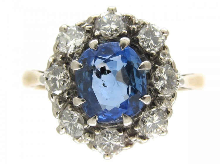 Sapphire & Old Mine Cut Diamond Cluster Ring