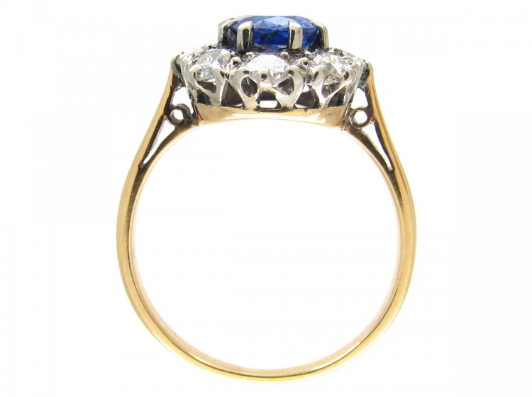 Sapphire & Old Mine Cut Diamond Cluster Ring