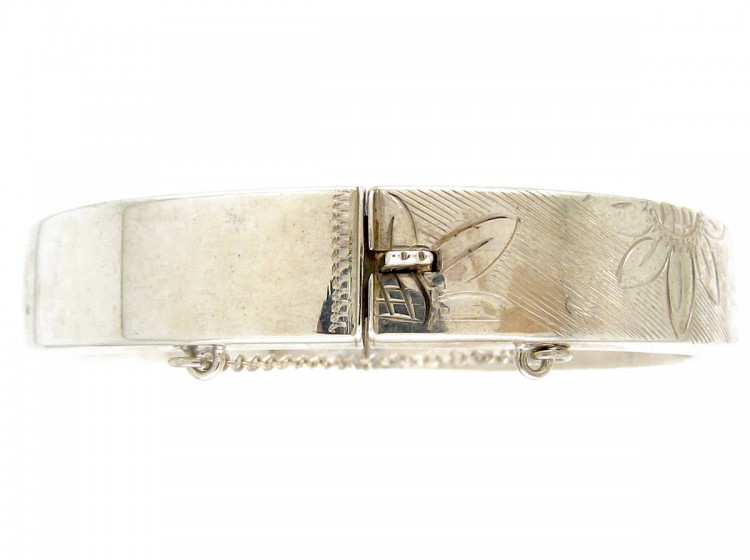 Engraved Flowers Silver Bangle