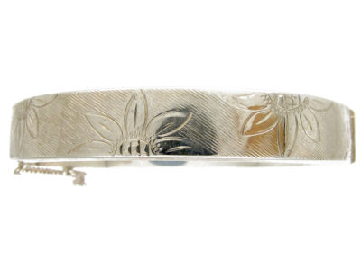 Engraved Flowers Silver Bangle