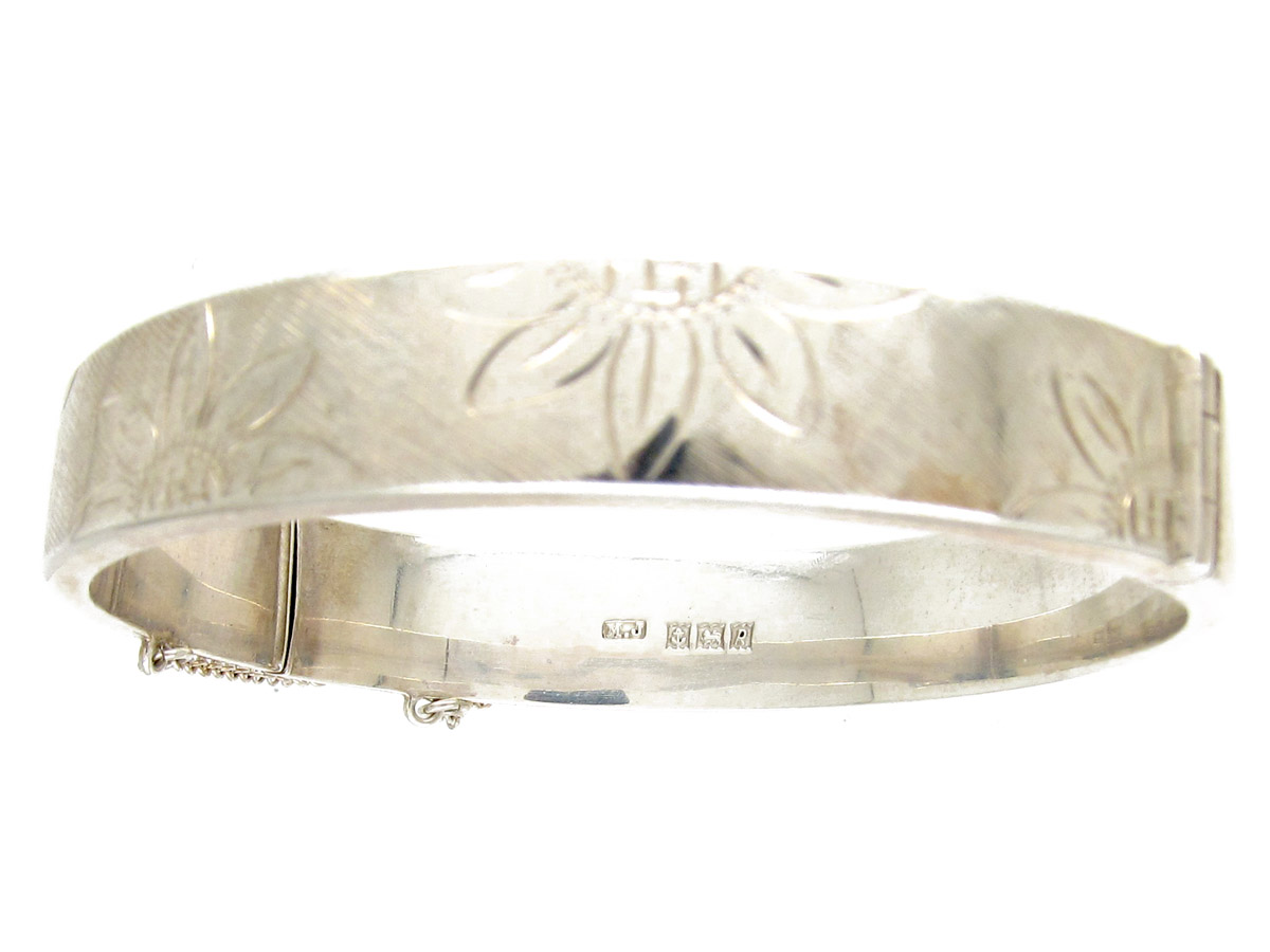 Engraved Flowers Silver Bangle (241E) | The Antique Jewellery Company