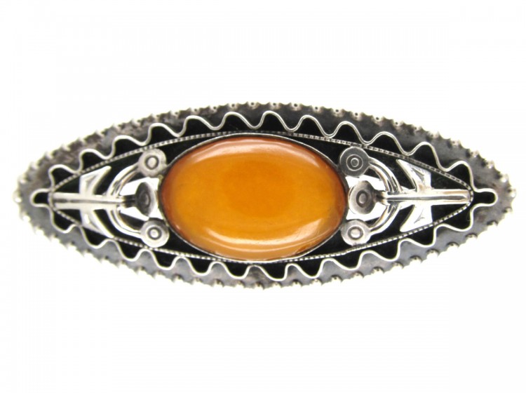 Large Russian Amber & Silver Brooch