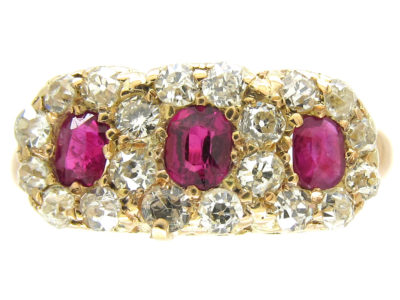 Edwardian 18ct Gold Ruby & Diamond Triple Cluster Ring