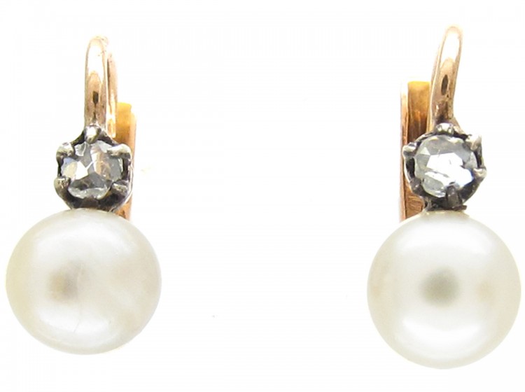 Edwardian 18ct Gold, Rose Diamond & Pearl Earrings