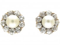 Edwardian 18ct Gold Diamond & Pearl Cluster Earrings