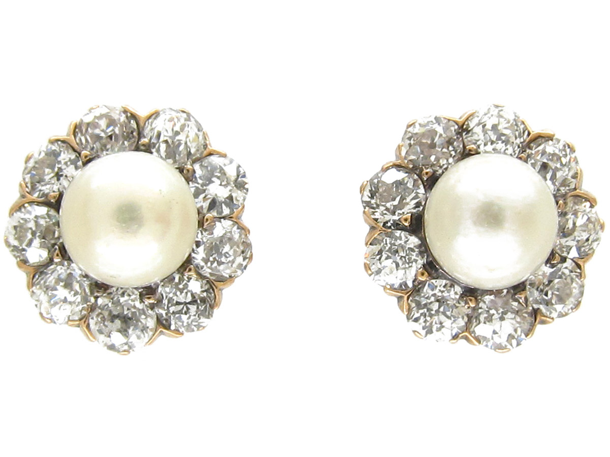 Edwardian 18ct Gold Diamond & Pearl Cluster Earrings (945E) | The ...