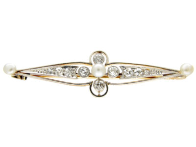 Edwardian 14ct Gold Natural Pearl & Diamond Bar Brooch