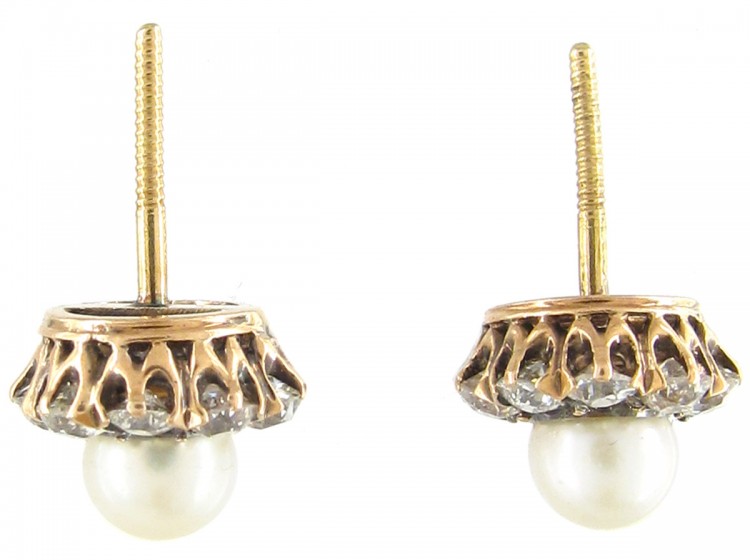 Edwardian 18ct Gold Diamond & Pearl Cluster Earrings