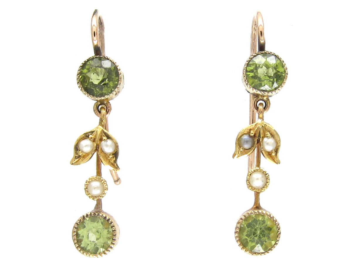 Edwardian 15ct Gold, Peridot & Natural Split Pearl Drop Earrings (929E ...