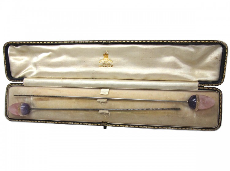 Edwardian Pair of Amethyst & Rose Quartz, Amethyst & Rock Crystal Acorn Hatpins in Original Case
