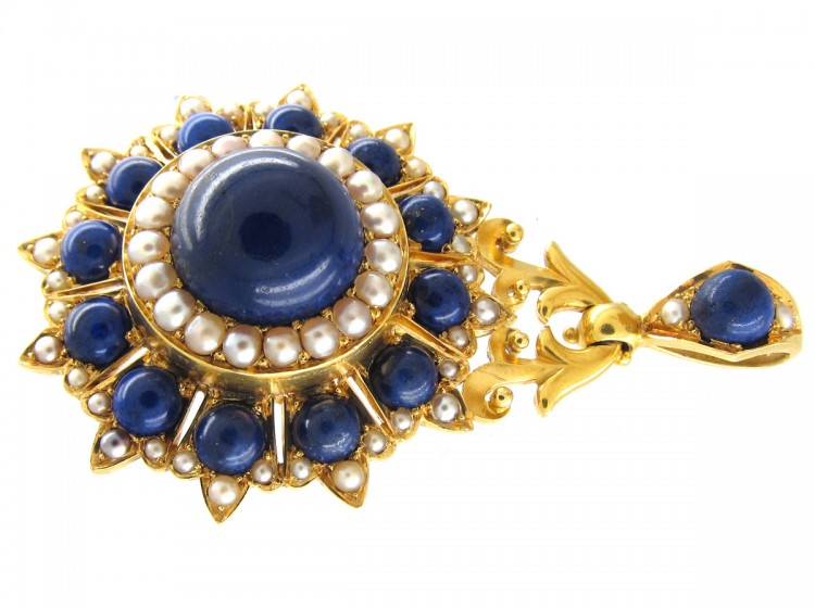 Victorian 18ct Gold Lapis Lazuli & Natural Split Pearl Pendant