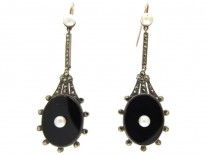 Art Deco Onyx Pearl & Marcasite Drop Earrings