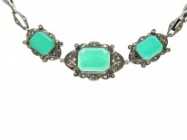 Green Chalcedony & Marcasite Art Deco Silver Necklace