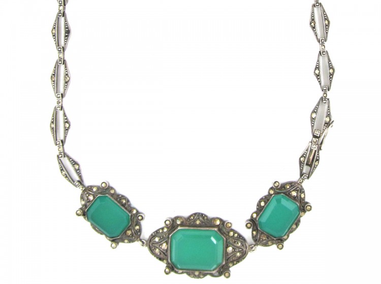 Green Chalcedony & Marcasite Art Deco Silver Necklace