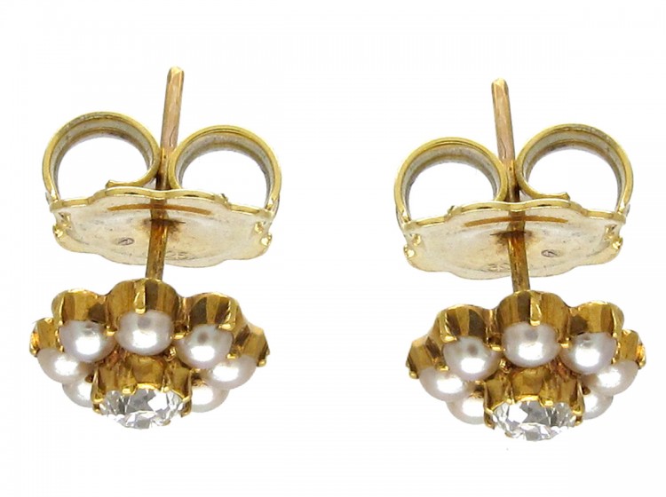 Natural Split Pearl & Diamond 18ct Gold Victorian Earrings