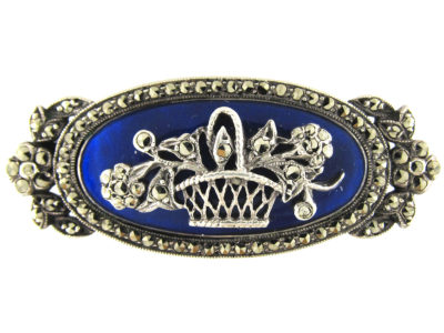 Edwardian Silver, Blue Enamel & Marcasite Flowers in Basket Brooch