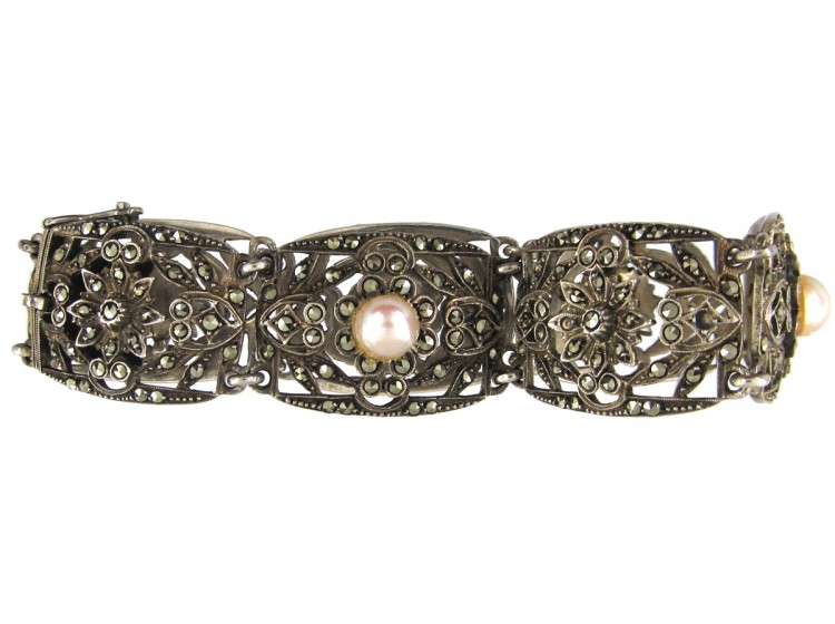 Silver, Marcasite & Pearl Art Deco Bracelet