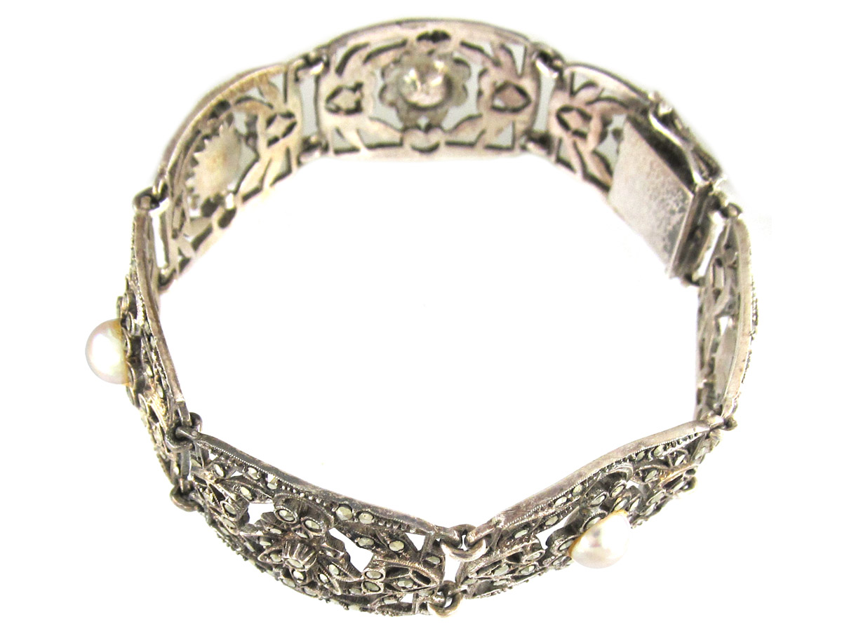 Bracciale Lungo Vintage Art Deco In Cristallo E Marcasite, Argento Placcato, 18 Cm