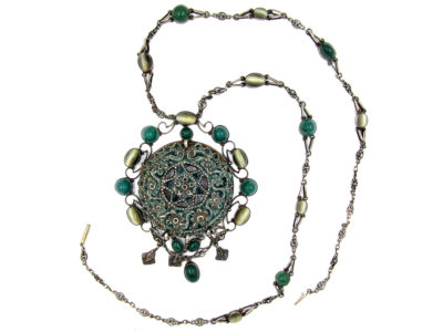 Large Arts & Crafts Silver, Chalcedony, Cat’s Eye & Enamel Necklace