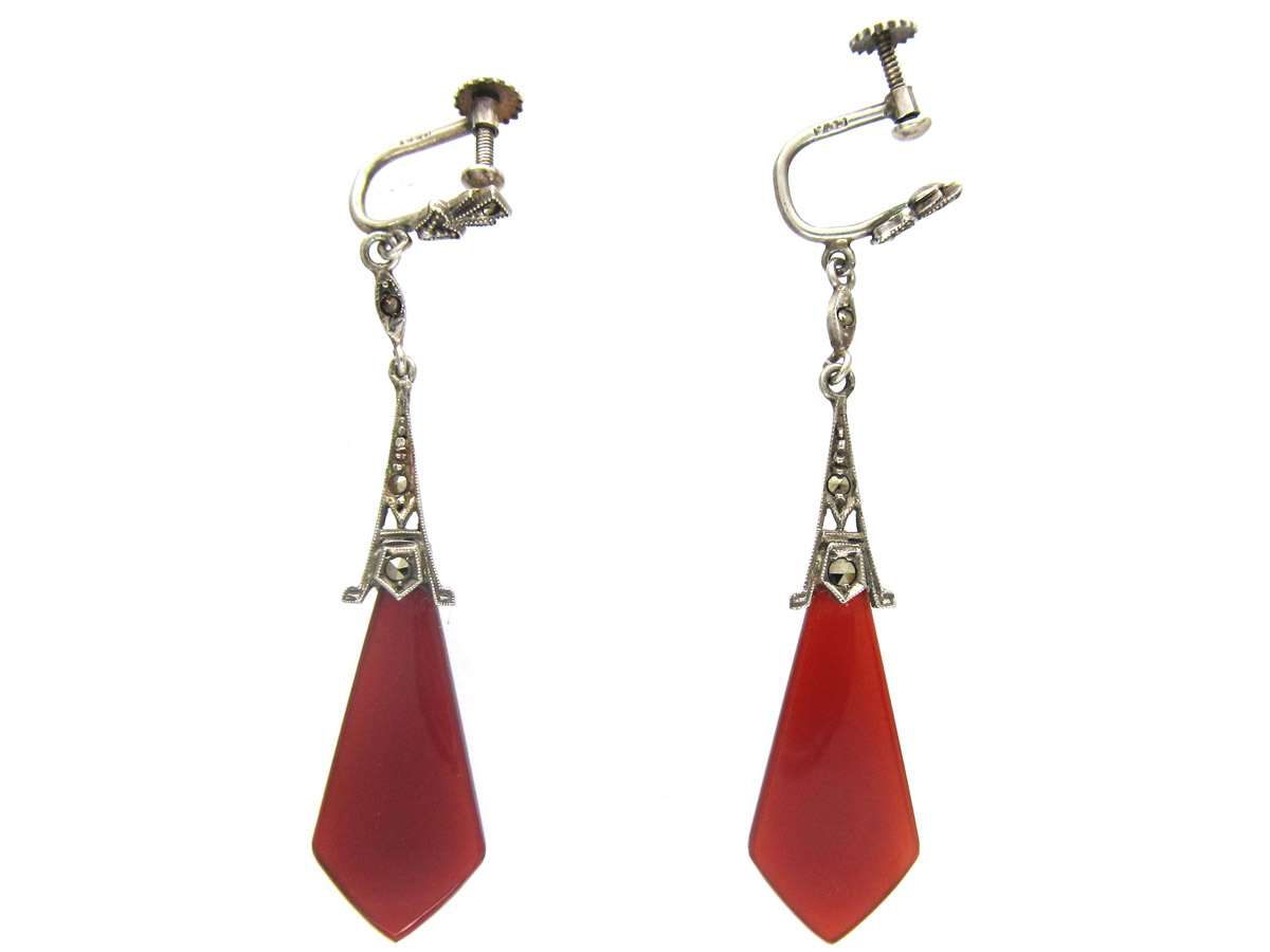 Art Nouveau Style Poire Grenade & Marcassite Drop Earrings IN 925