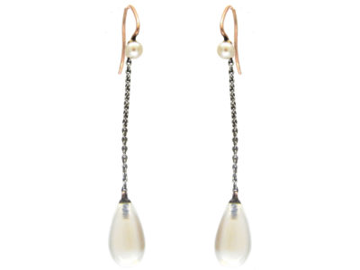 Moonstone & Pearl Drop Earrings with Platinum Chain