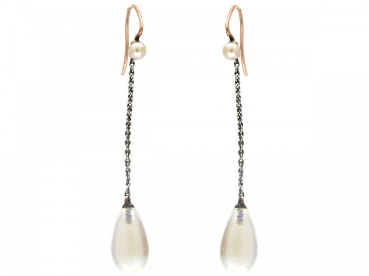 Moonstone & Pearl Drop Earrings with Platinum Chain