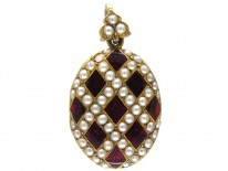 18ct Gold Victorian Strawberry Red Enamel & Natural Split Pearl Locket Pendant