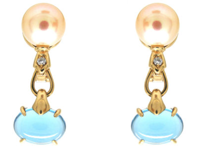 18ct Gold Blue Topaz, Diamond & Pearl Earrings by Bulgari