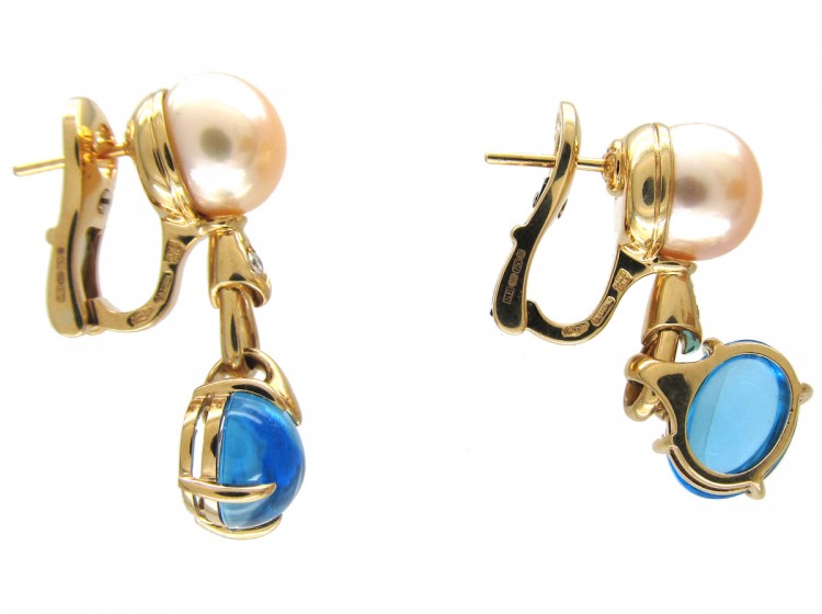 18ct Gold Blue Topaz, Diamond & Pearl Earrings by Bulgari
