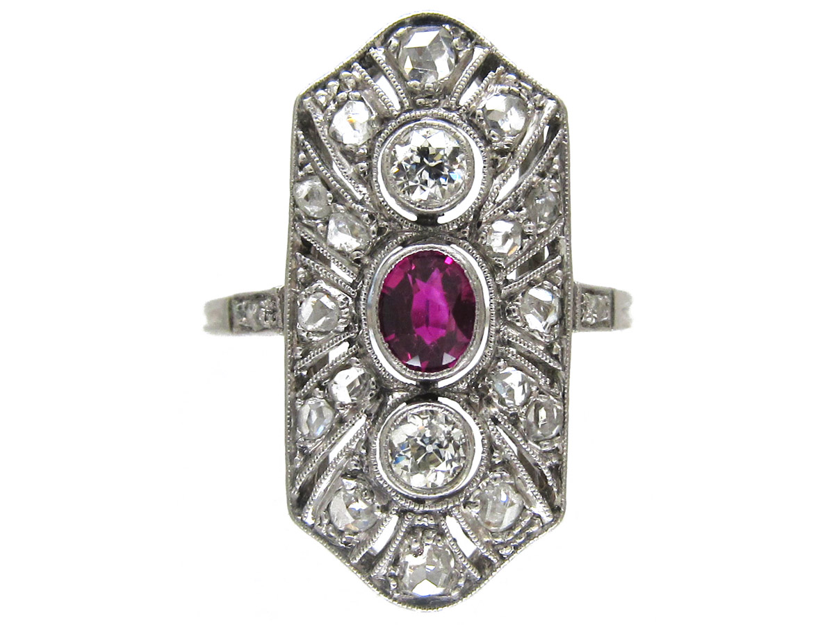 Art Deco Ruby & Diamond Rectangular Ring (226F) The Antique Jewellery