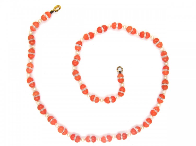 Coral, Natural Pearl & Rock Crystal Beaded Necklace