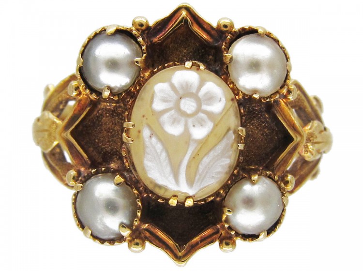 Hardstone Flower & Natural Pearl Late Georgian Ring