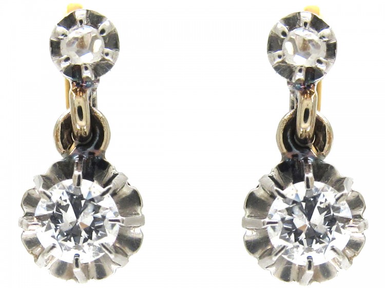 Early 20th Century 18ct Gold & Platinum, Two Stone Diamond Drop Dormeuse Earrings
