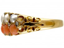 Coral Diamond & Natural Split Pearl Victorian Ring