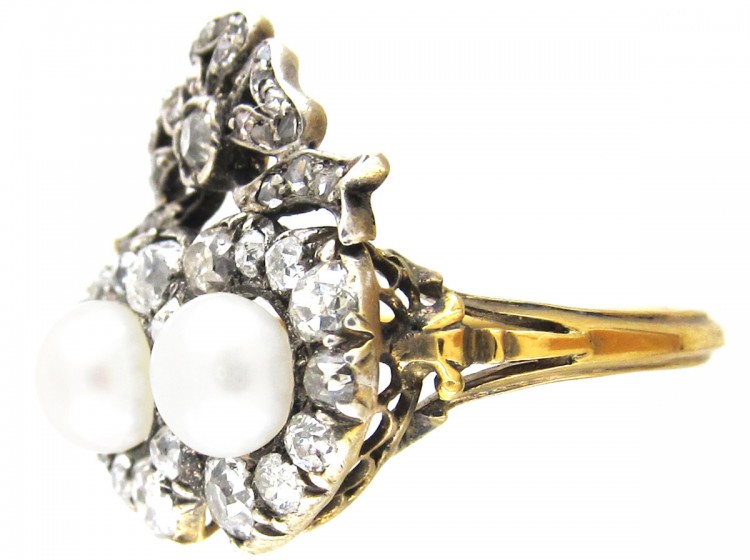 Victorian Double Heart Diamond & Natural Pearl Ring