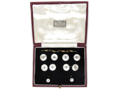 9ct & Platinum, Mother of Pearl, Onyx & Pearl Art Deco Dress Set in Original Harrods Case