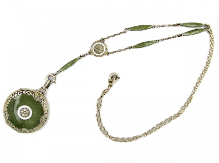 Art Deco Green Enamel & Silver Pendant on Original Chain